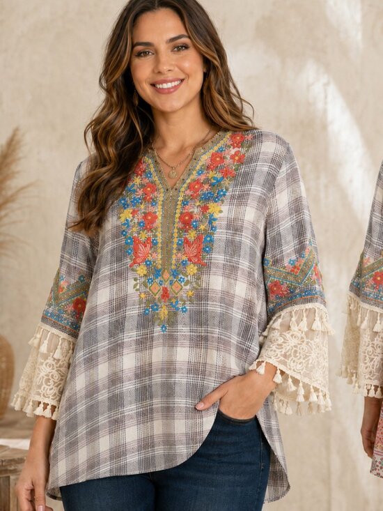 John Mark Tops - John Mark Boho Embroidered Plaid Tunic Top Lace Tassel Sleeve Blouse Womens XL